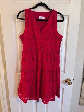 Time and Tru Red Eyelet Tiered V-Neck Sleeveless Dress